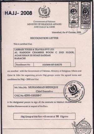 Labbaik Tours Recognition Letter 2008